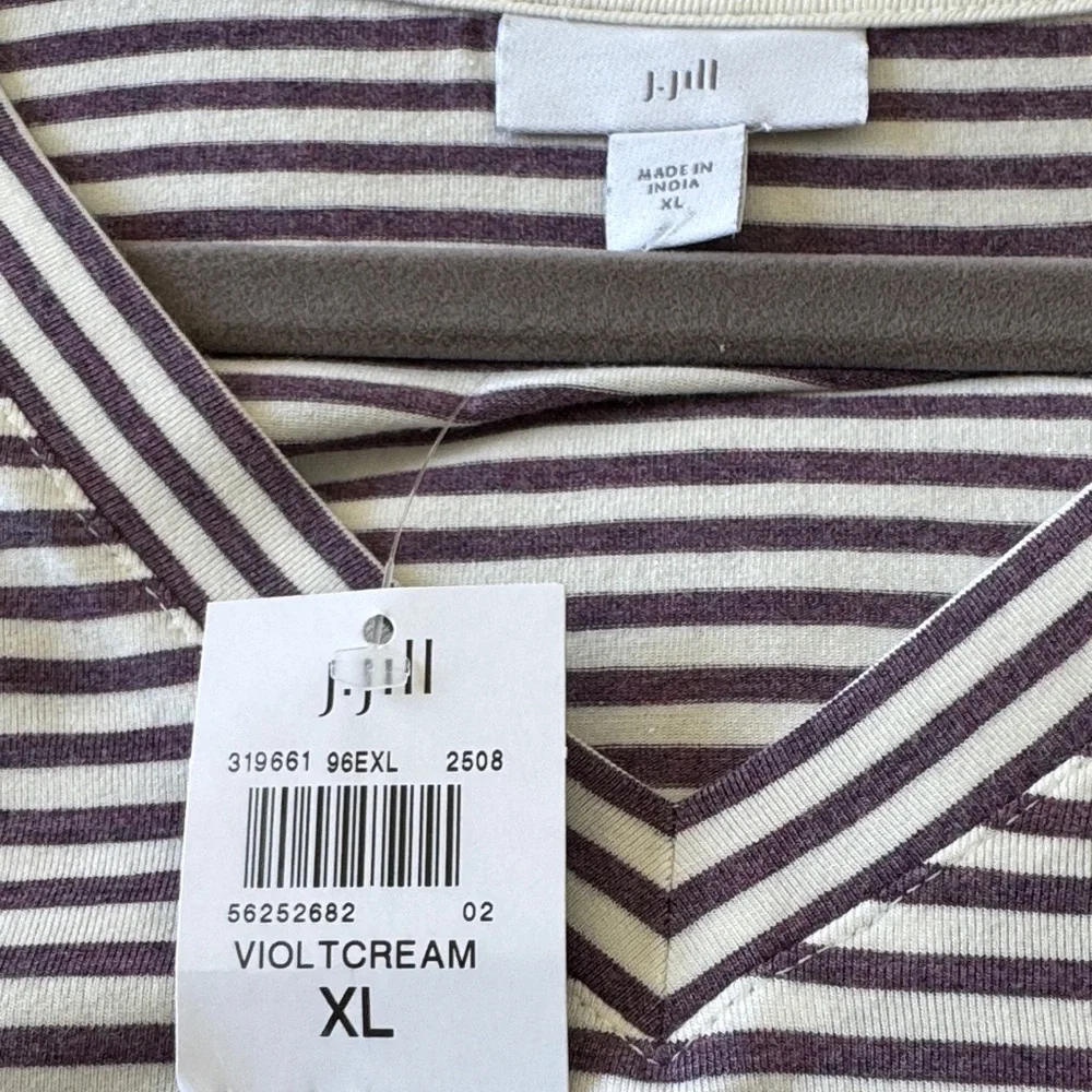 J.Jill Striped V-Neck Tee Violet Cream Pocket Stretch Knit Top - Size XL - NWT - Picture 5 of 7
